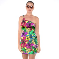 Hibiscus Flowers Pattern, Floral Theme, Rainbow Colors, Colorful Palette One Soulder Bodycon Dress by Casemiro