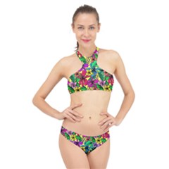 Hibiscus Flowers Pattern, Floral Theme, Rainbow Colors, Colorful Palette High Neck Bikini Set by Casemiro