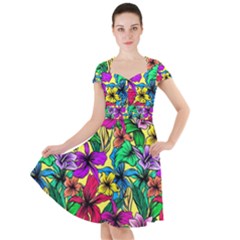 Hibiscus Flowers Pattern, Floral Theme, Rainbow Colors, Colorful Palette Cap Sleeve Midi Dress by Casemiro