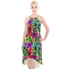 Hibiscus Flowers Pattern, Floral Theme, Rainbow Colors, Colorful Palette High-low Halter Chiffon Dress  by Casemiro