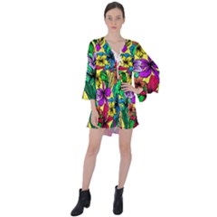 Hibiscus Flowers Pattern, Floral Theme, Rainbow Colors, Colorful Palette V-neck Flare Sleeve Mini Dress by Casemiro