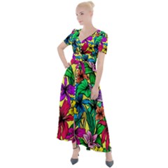 Hibiscus Flowers Pattern, Floral Theme, Rainbow Colors, Colorful Palette Button Up Short Sleeve Maxi Dress by Casemiro