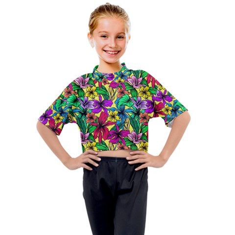 Hibiscus Flowers Pattern, Floral Theme, Rainbow Colors, Colorful Palette Kids Mock Neck Tee by Casemiro