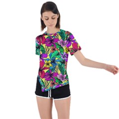 Hibiscus Flowers Pattern, Floral Theme, Rainbow Colors, Colorful Palette Asymmetrical Short Sleeve Sports Tee by Casemiro