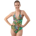 Peacock Chrysanthemum Halter Cut-Out One Piece Swimsuit View1