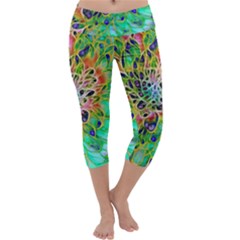 Peacock Chrysanthemum Capri Yoga Leggings by bloomingvinedesign