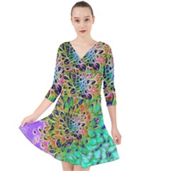 Peacock Chrysanthemum Quarter Sleeve Front Wrap Dress by bloomingvinedesign