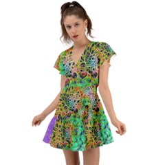 Peacock Chrysanthemum Flutter Sleeve Wrap Dress by bloomingvinedesign