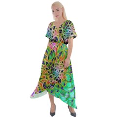 Peacock Chrysanthemum Cross Front Sharkbite Hem Maxi Dress by bloomingvinedesign