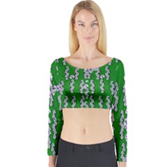 Cherry-blossoms Branch Decorative On A Field Of Fern Long Sleeve Crop Top by pepitasart