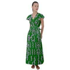 Cherry-blossoms Branch Decorative On A Field Of Fern Flutter Sleeve Maxi Dress by pepitasart