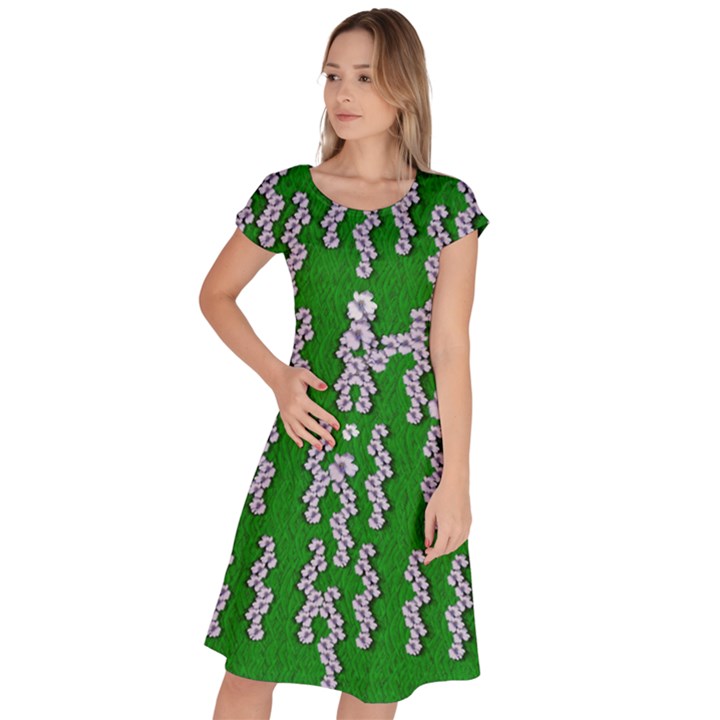 Cherry-blossoms Branch Decorative On A Field Of Fern Classic Short Sleeve Dress