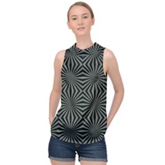 Geometric Pattern, Army Green And Black Lines, Regular Theme High Neck Satin Top by Casemiro