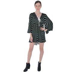 Geometric Pattern, Army Green And Black Lines, Regular Theme V-neck Flare Sleeve Mini Dress