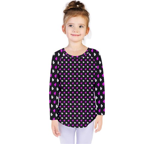 White And Pink Hearts At Black, Vector Handrawn Hearts Pattern Kids  Long Sleeve Tee by Casemiro