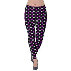 White And Pink Hearts At Black, Vector Handrawn Hearts Pattern Velvet Leggings by Casemiro