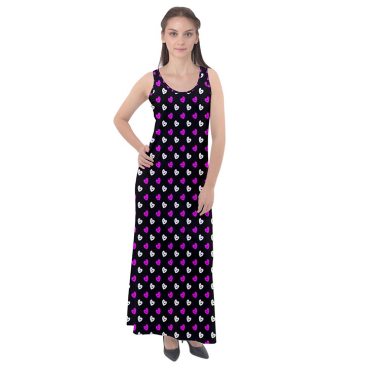 White and pink hearts at black, vector handrawn hearts pattern Sleeveless Velour Maxi Dress