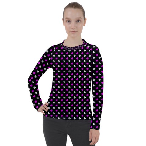 White And Pink Hearts At Black, Vector Handrawn Hearts Pattern Women s Pique Long Sleeve Tee by Casemiro