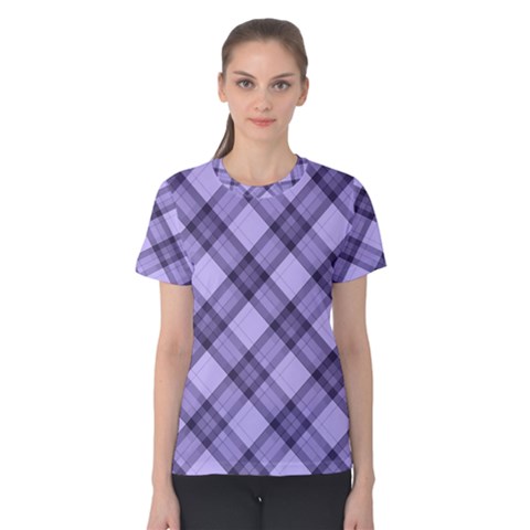 Pastel Purple And Steel Black Lines Pattern, Retro Tartan, Classic Plaid Women s Cotton Tee by Casemiro