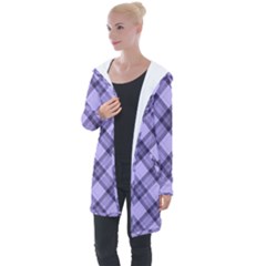 Pastel Purple And Steel Black Lines Pattern, Retro Tartan, Classic Plaid Longline Hooded Cardigan by Casemiro