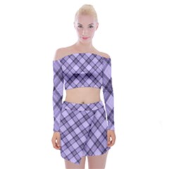 Pastel Purple And Steel Black Lines Pattern, Retro Tartan, Classic Plaid Off Shoulder Top With Mini Skirt Set by Casemiro