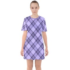 Pastel Purple And Steel Black Lines Pattern, Retro Tartan, Classic Plaid Sixties Short Sleeve Mini Dress by Casemiro