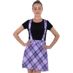 Pastel Purple And Steel Black Lines Pattern, Retro Tartan, Classic Plaid Velvet Suspender Skater Skirt by Casemiro