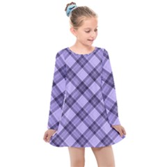 Pastel Purple And Steel Black Lines Pattern, Retro Tartan, Classic Plaid Kids  Long Sleeve Dress by Casemiro