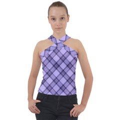 Pastel Purple And Steel Black Lines Pattern, Retro Tartan, Classic Plaid Cross Neck Velour Top by Casemiro