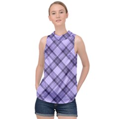 Pastel Purple And Steel Black Lines Pattern, Retro Tartan, Classic Plaid High Neck Satin Top by Casemiro