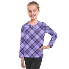 Pastel Purple And Steel Black Lines Pattern, Retro Tartan, Classic Plaid Kids  Long Mesh Tee