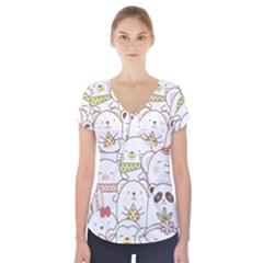 Cute-baby-animals-seamless-pattern Short Sleeve Front Detail Top