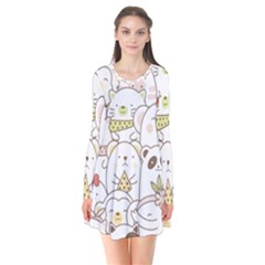 Cute-baby-animals-seamless-pattern Long Sleeve V-neck Flare Dress by Sobalvarro