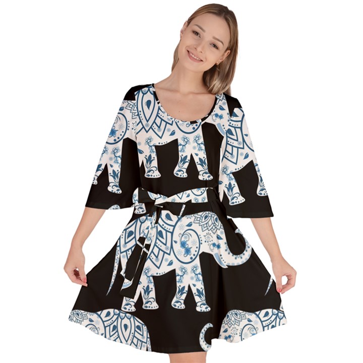 Elephant-pattern-background Velour Kimono Dress