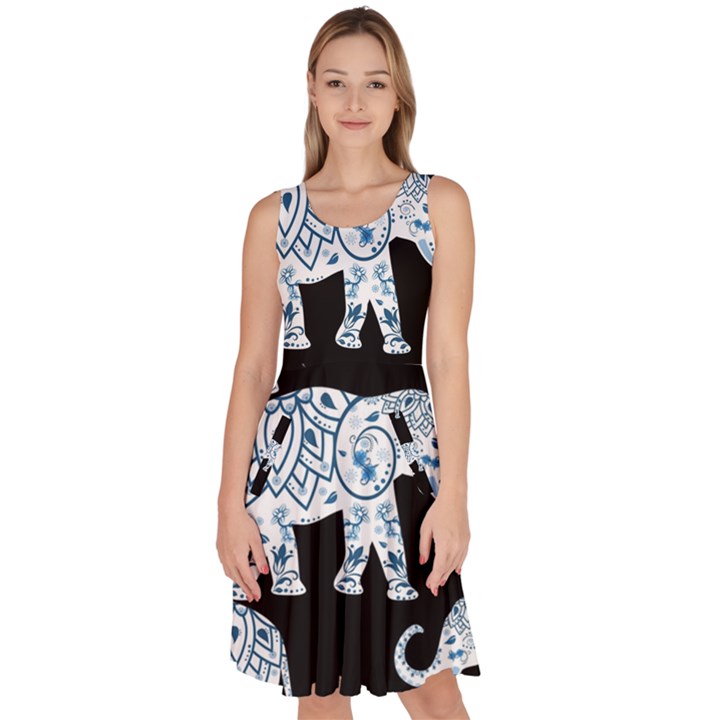 Elephant-pattern-background Knee Length Skater Dress With Pockets