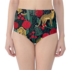 Seamless-pattern-with-leopards-and-roses-vector Classic High-waist Bikini Bottoms by Sobalvarro