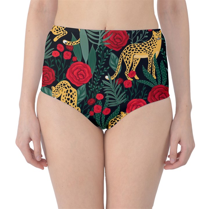 Seamless-pattern-with-leopards-and-roses-vector Classic High-Waist Bikini Bottoms