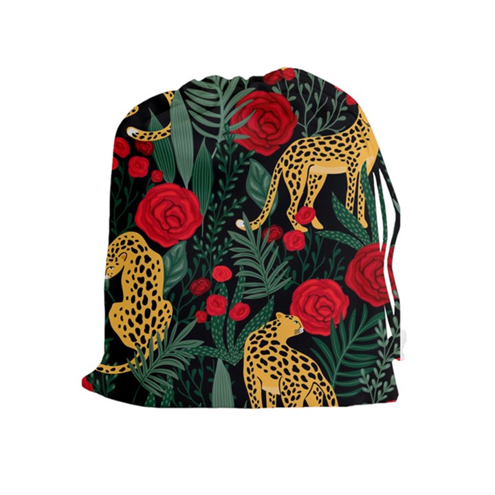 Seamless-pattern-with-leopards-and-roses-vector Drawstring Pouch (XL)