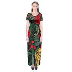 Seamless-pattern-with-leopards-and-roses-vector Short Sleeve Maxi Dress by Sobalvarro