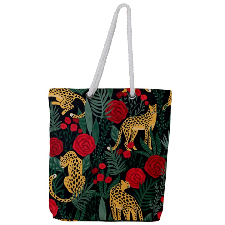 Seamless-pattern-with-leopards-and-roses-vector Full Print Rope Handle Tote (Large)