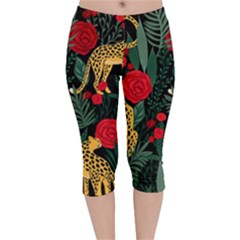 Seamless-pattern-with-leopards-and-roses-vector Velvet Capri Leggings  by Sobalvarro