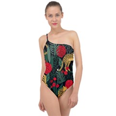 Seamless-pattern-with-leopards-and-roses-vector Classic One Shoulder Swimsuit