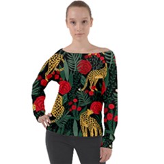 Seamless-pattern-with-leopards-and-roses-vector Off Shoulder Long Sleeve Velour Top