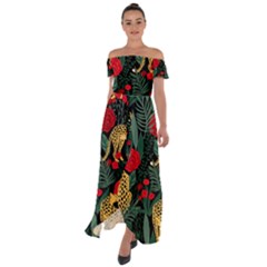 Seamless-pattern-with-leopards-and-roses-vector Off Shoulder Open Front Chiffon Dress