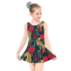 Seamless-pattern-with-leopards-and-roses-vector Kids  Skater Dress Swimsuit by Sobalvarro