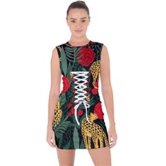 Seamless-pattern-with-leopards-and-roses-vector Lace Up Front Bodycon Dress by Sobalvarro