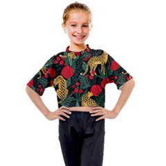 Seamless-pattern-with-leopards-and-roses-vector Kids Mock Neck Tee