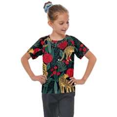 Seamless-pattern-with-leopards-and-roses-vector Kids  Mesh Piece Tee