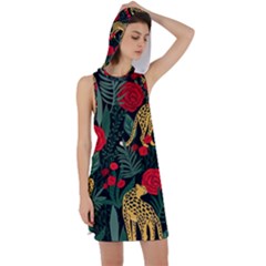 Seamless-pattern-with-leopards-and-roses-vector Racer Back Hoodie Dress