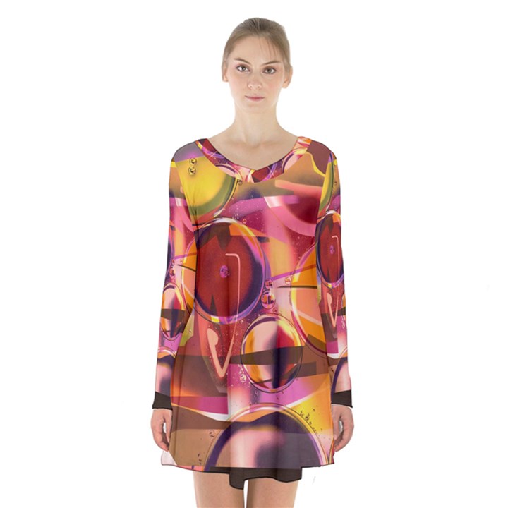 Fractured Colours Long Sleeve Velvet V-neck Dress